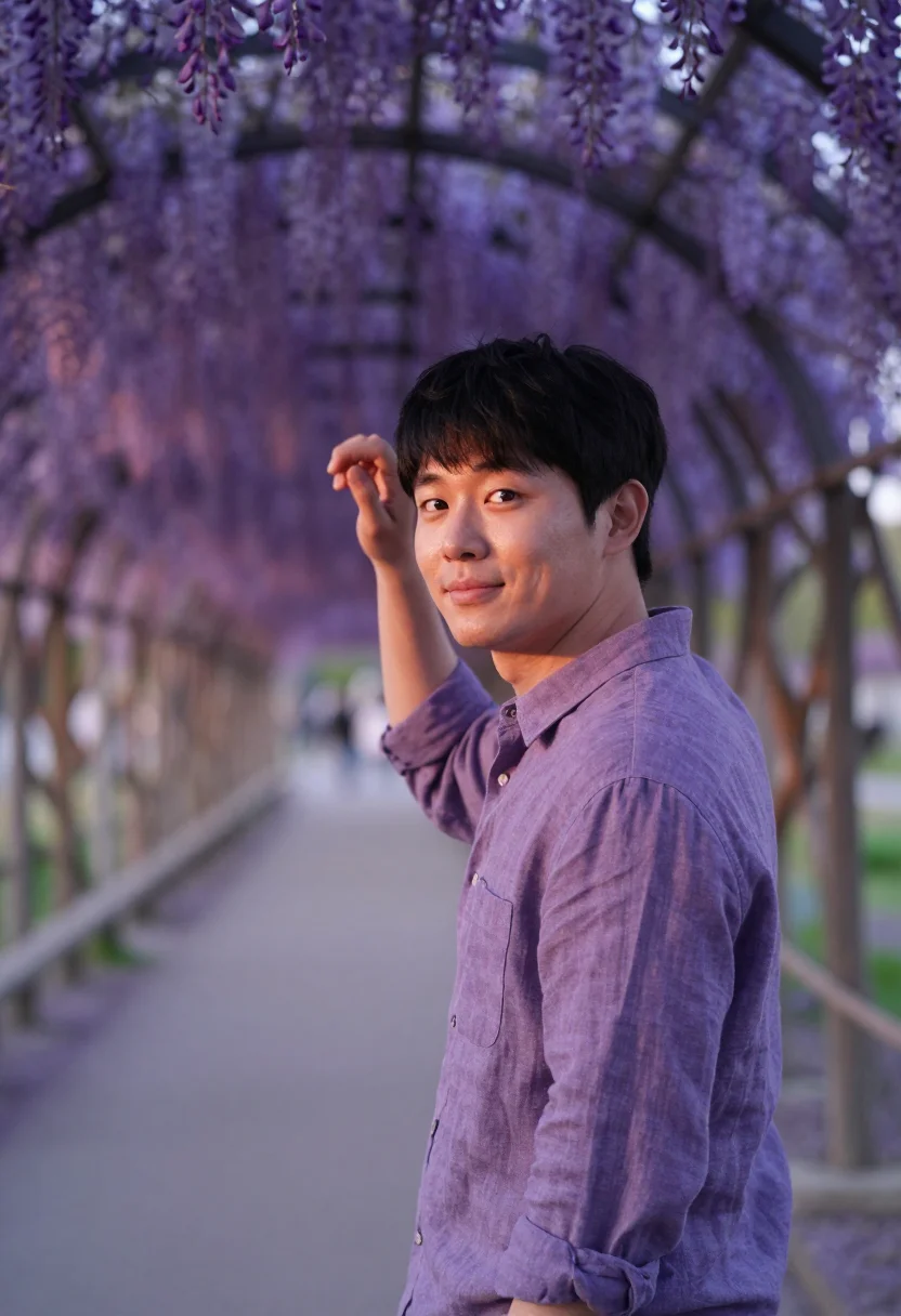 AI ashikaga wisteria may violet sample — portrait of a man, a Korean traveller in his early thirties