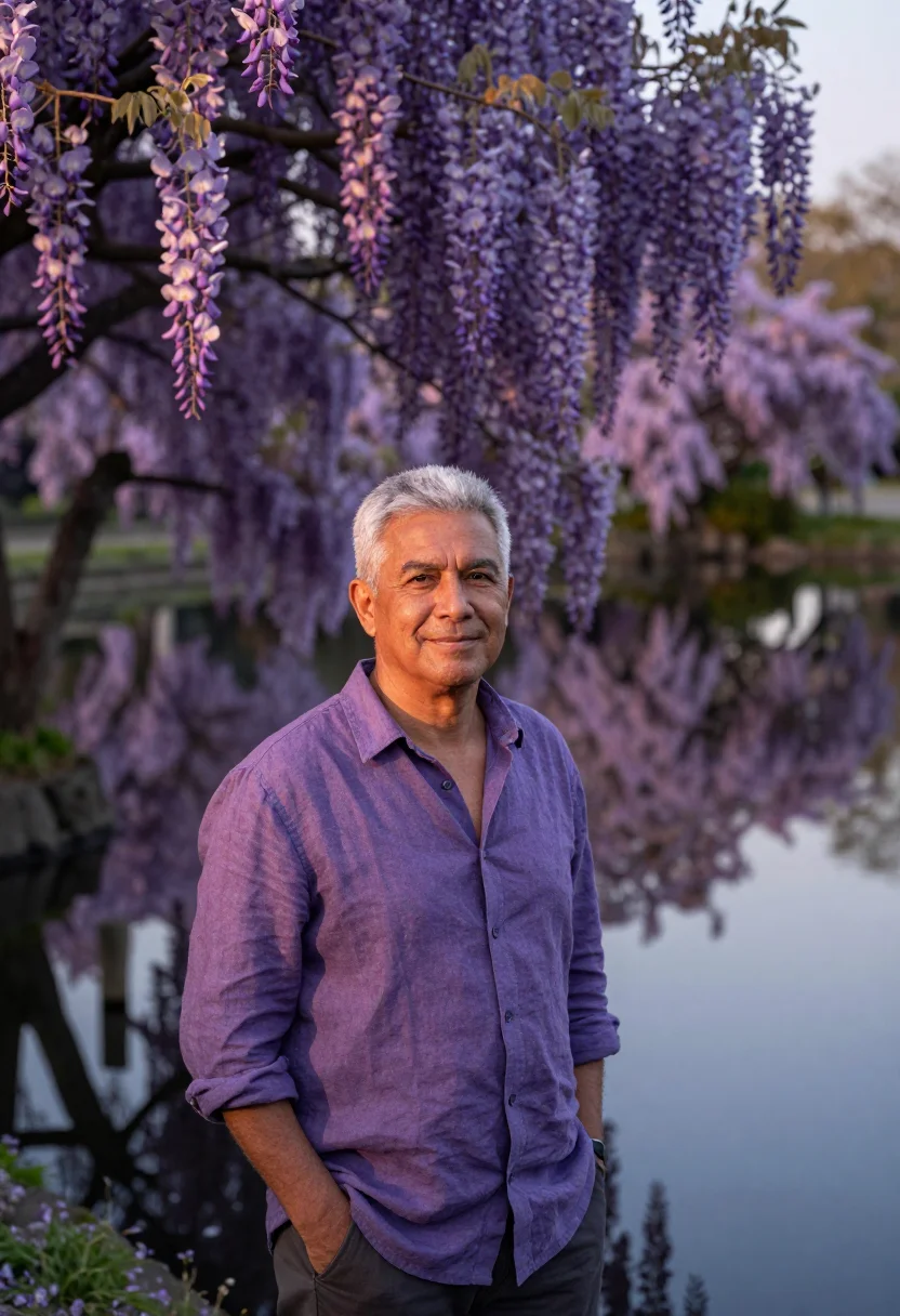 AI ashikaga wisteria may violet sample — portrait of a man, a traveller in his late forties with weat