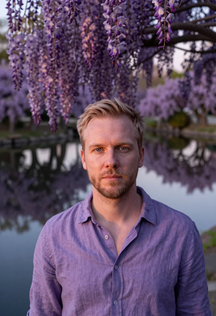 AI ashikaga wisteria may violet sample — portrait of a man, a traveller in his mid-thirties with fair