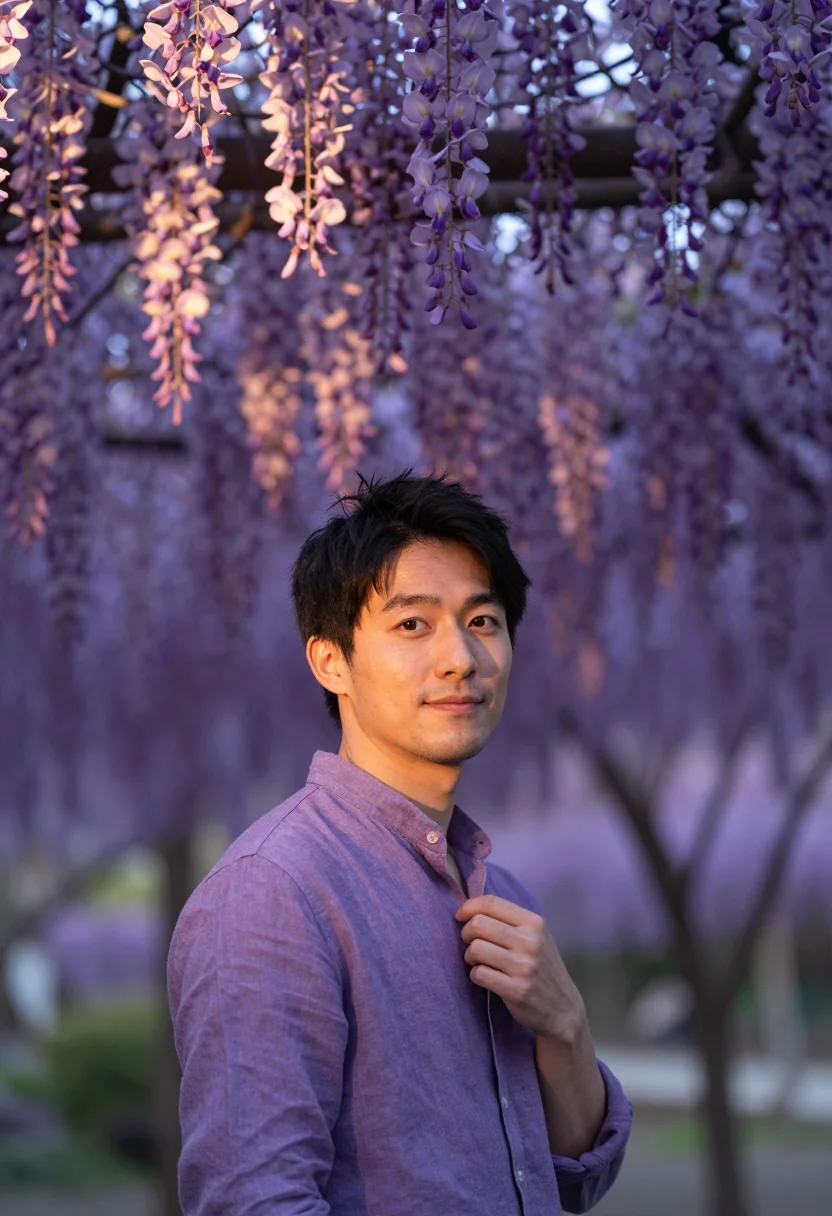 AI ashikaga wisteria may violet sample — portrait of a man, a Japanese traveller in his late twenties