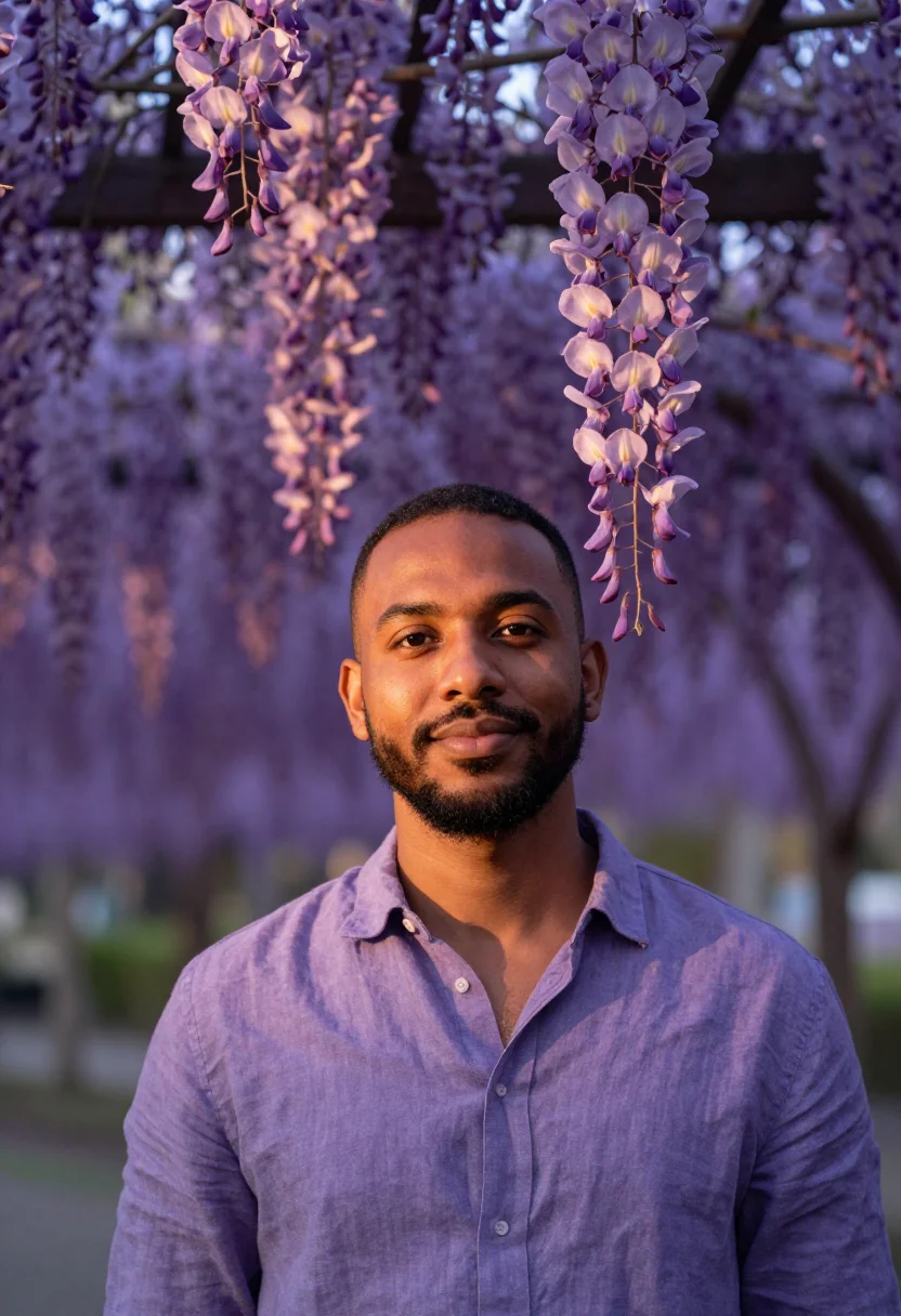 AI ashikaga wisteria may violet sample — portrait of a man, a traveller in his mid-thirties with deep