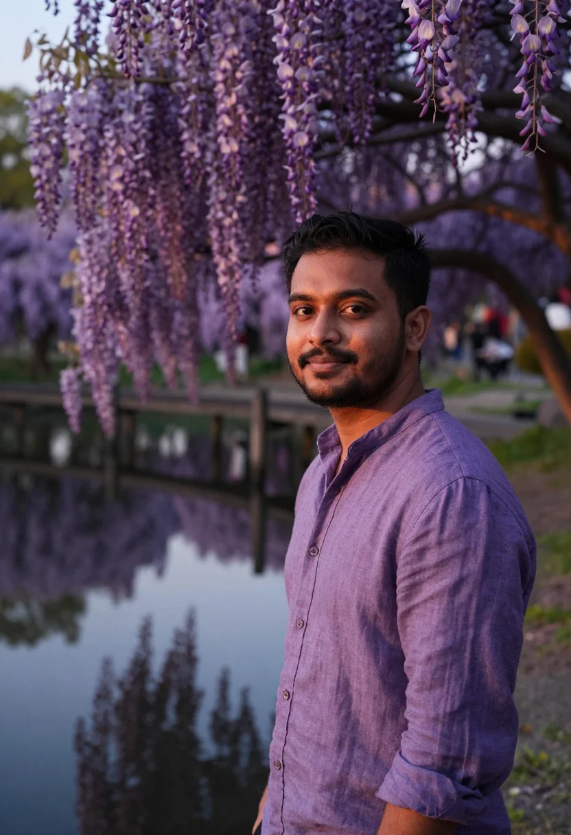 AI ashikaga wisteria may violet sample — portrait of a man, a South-Asian traveller in his early thir