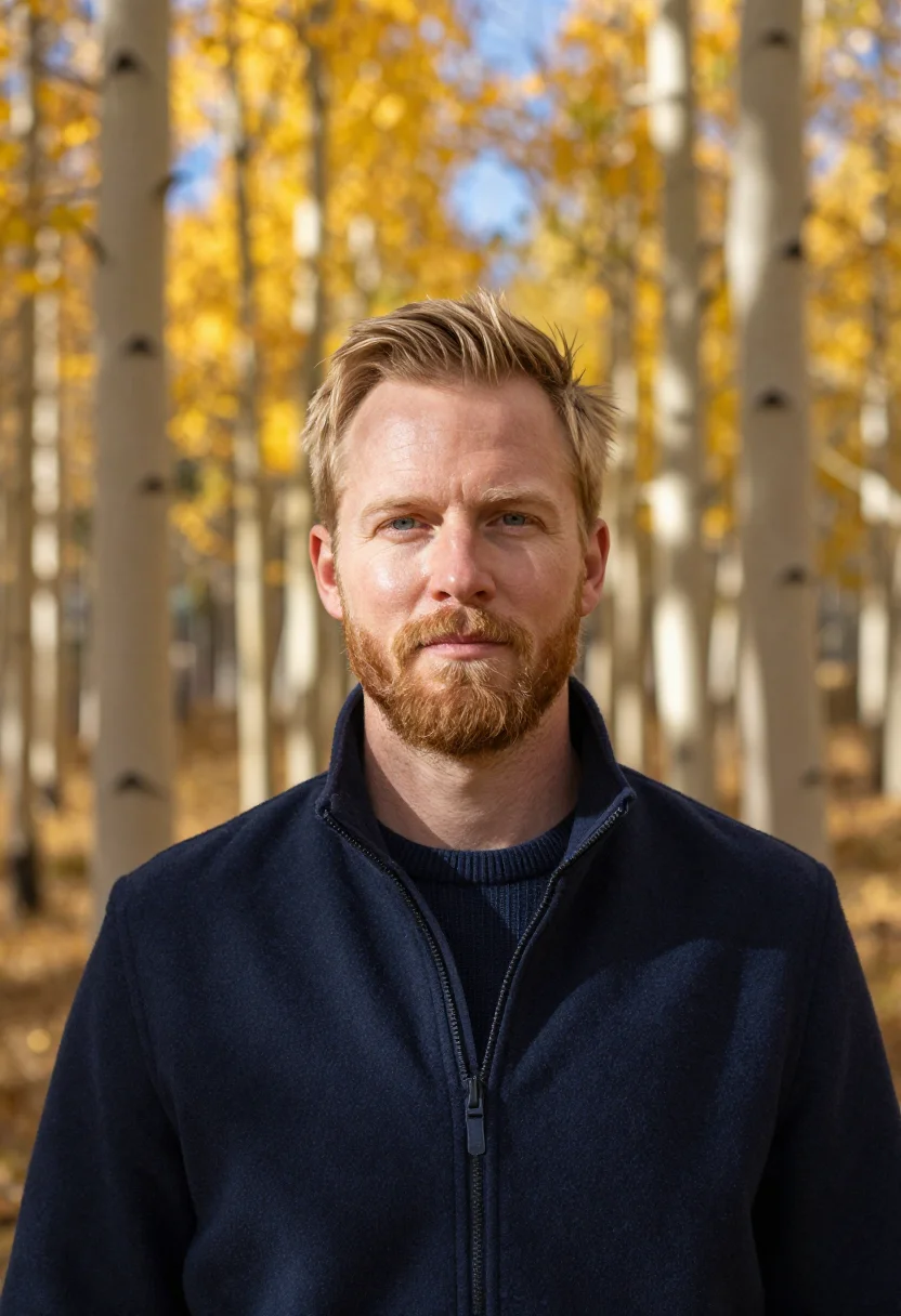 AI aspen gold october sample — portrait of a man, framed tight, head and shoulders, the bod