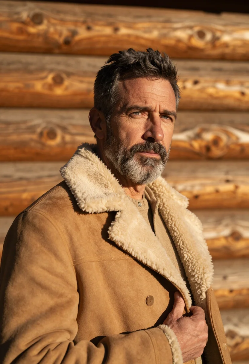 AI aspen shearling tan sample — portrait of a man, framed head and shoulders, a man in his f