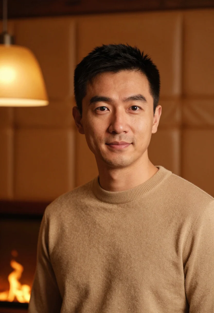AI aspen shearling tan sample — portrait of a man, framed as a tight headshot, an East-Asian