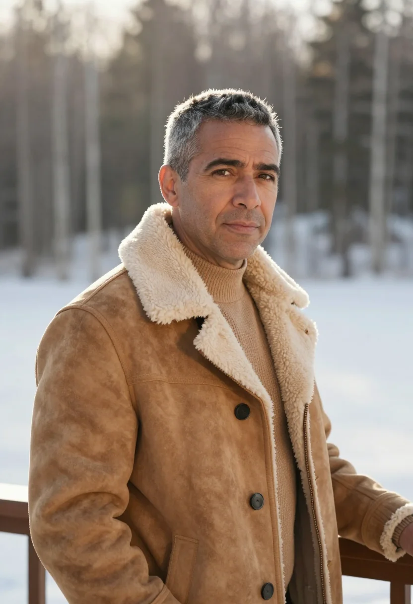 AI aspen shearling tan sample — portrait of a man, framed chest-up, a man in his fifties wit