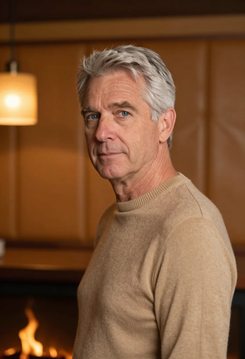 AI aspen shearling tan sample — portrait of a man, framed as a tight headshot, a man in his