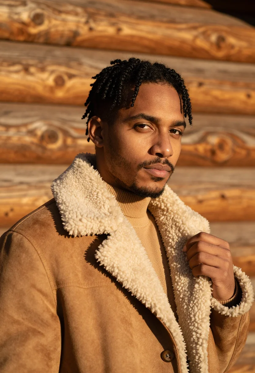AI aspen shearling tan sample — portrait of a man, framed chest-up, a man in his thirties wi