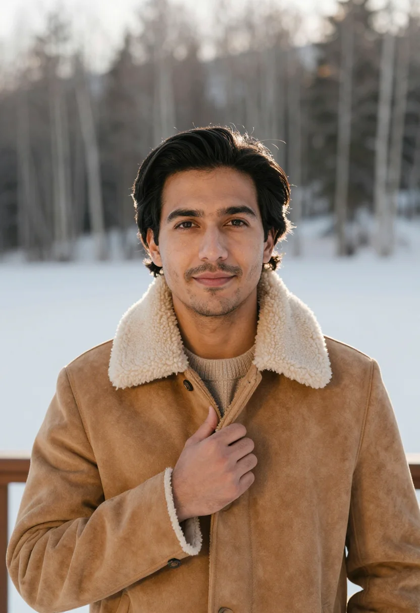 AI aspen shearling tan sample — portrait of a man, framed head and shoulders, a man in his t