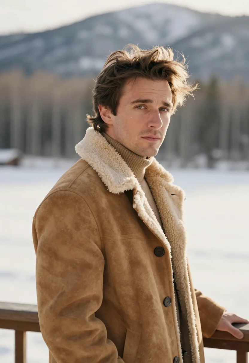 AI aspen shearling tan sample — portrait of a man, framed chest-up, a man in his forties wit