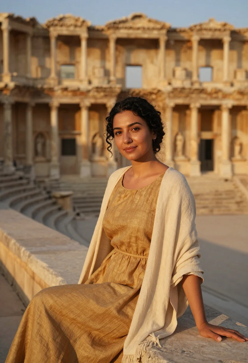 AI aspendos festival director roman stone gold sample — portrait of a woman, a festival director in her thirties of