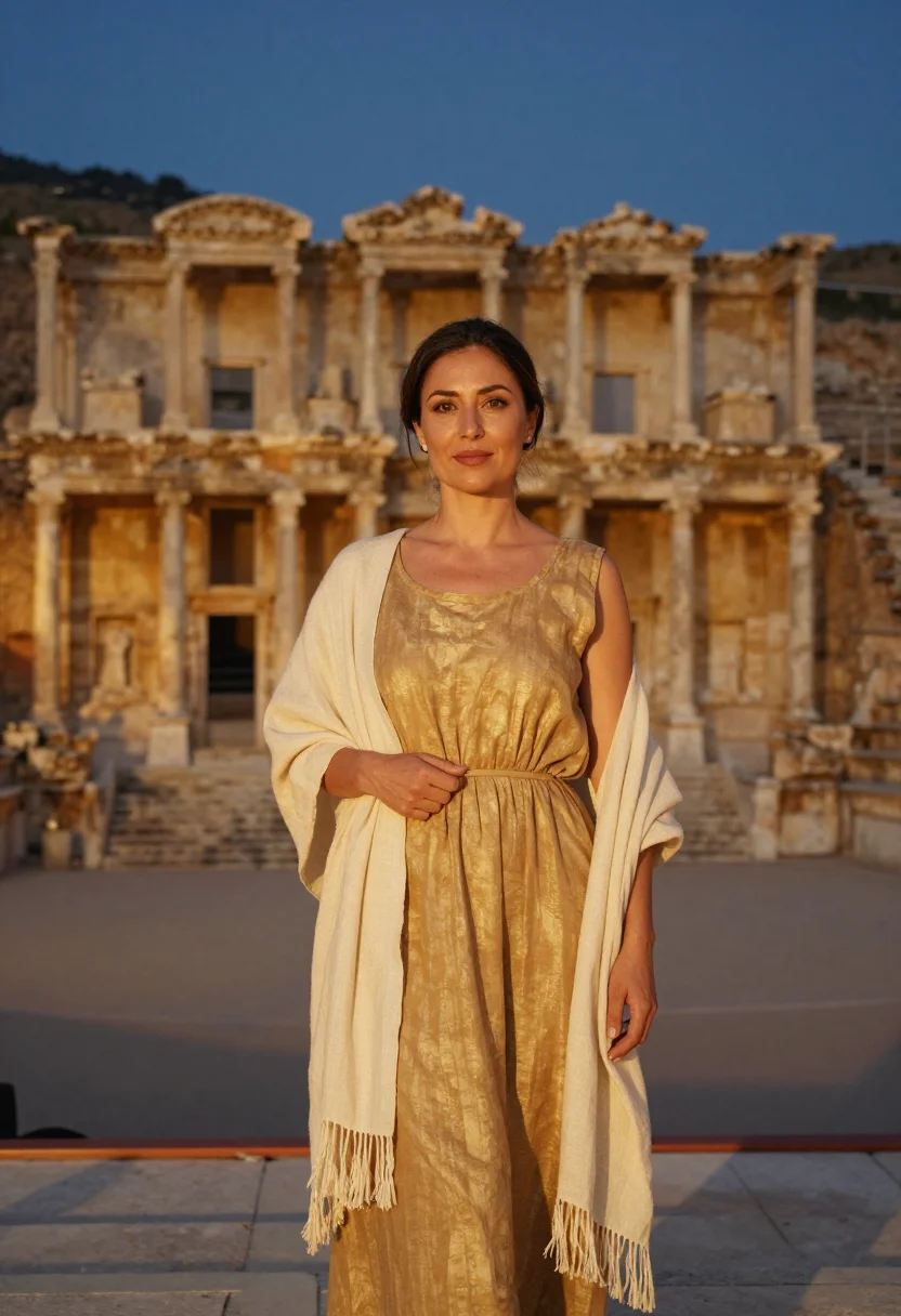 AI aspendos festival director roman stone gold sample — portrait of a woman, a festival director in her forties of T