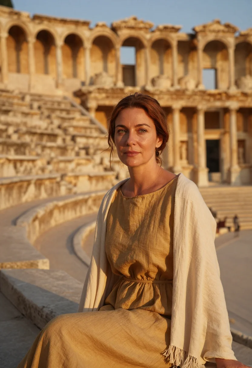 AI aspendos festival director roman stone gold sample — portrait of a woman, a festival director in her late forties