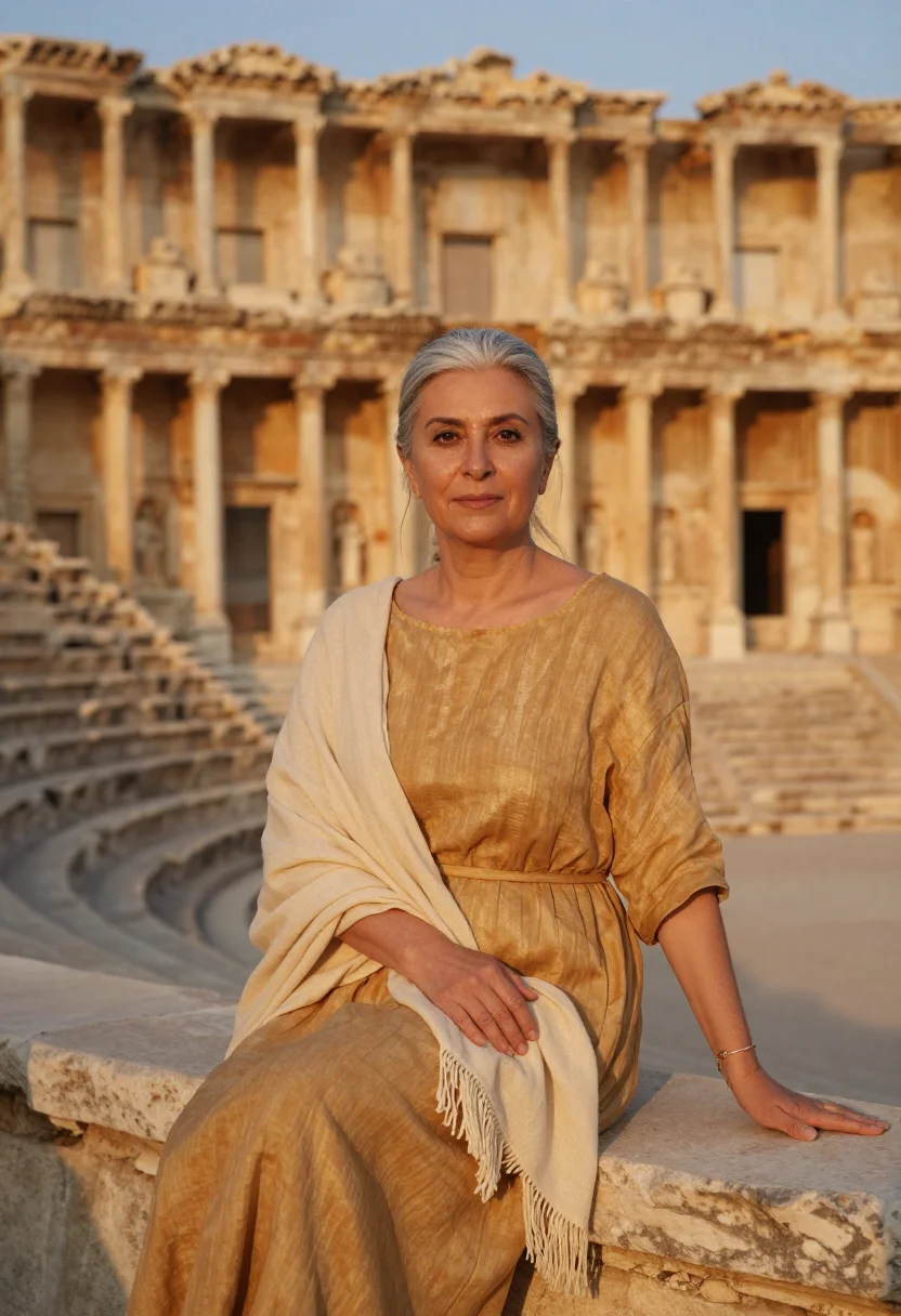 AI aspendos festival director roman stone gold sample — portrait of a woman, a festival director in her sixties of T