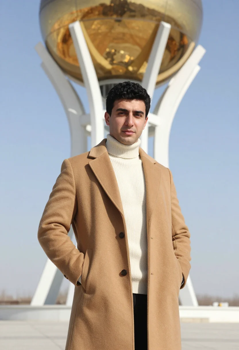 AI astana urban planner gold glass sample — portrait of a man, half-length portrait of an Uyghur man in