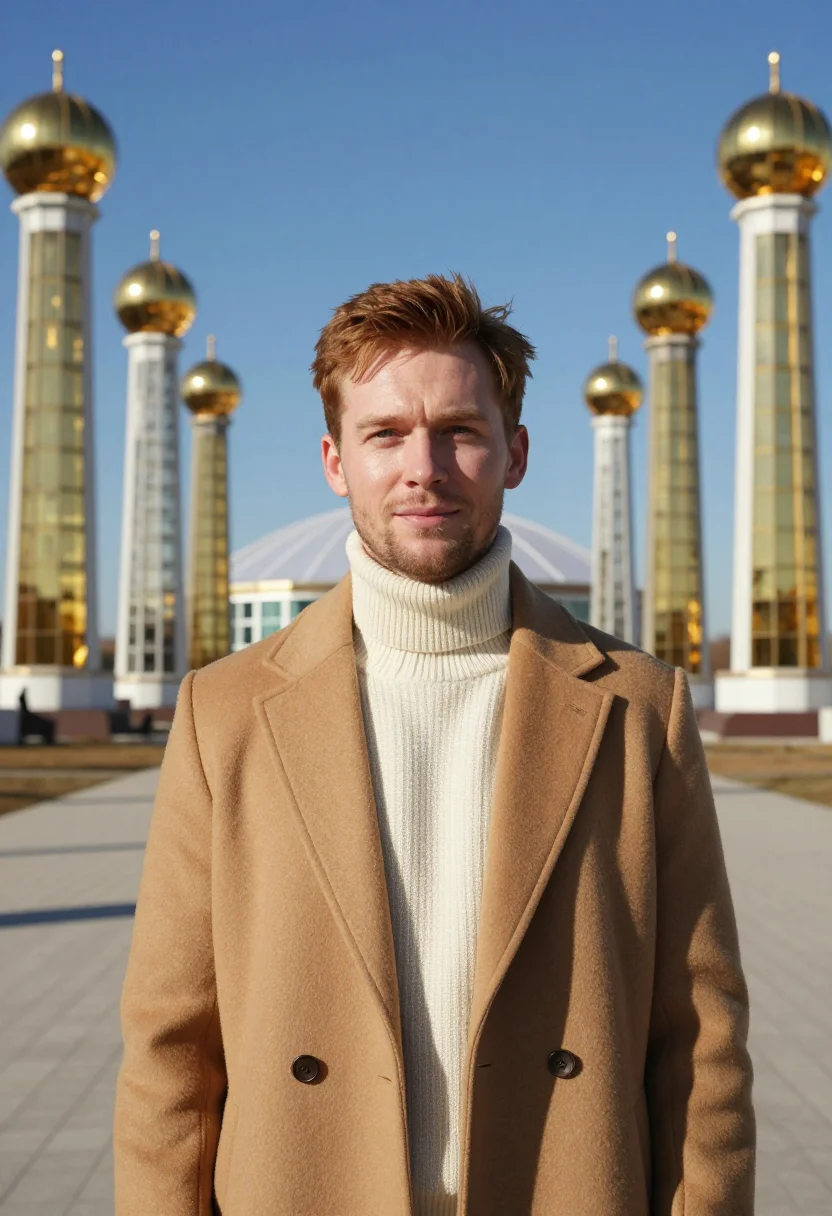 AI astana urban planner gold glass sample — portrait of a man, chest-up portrait of an English man in hi