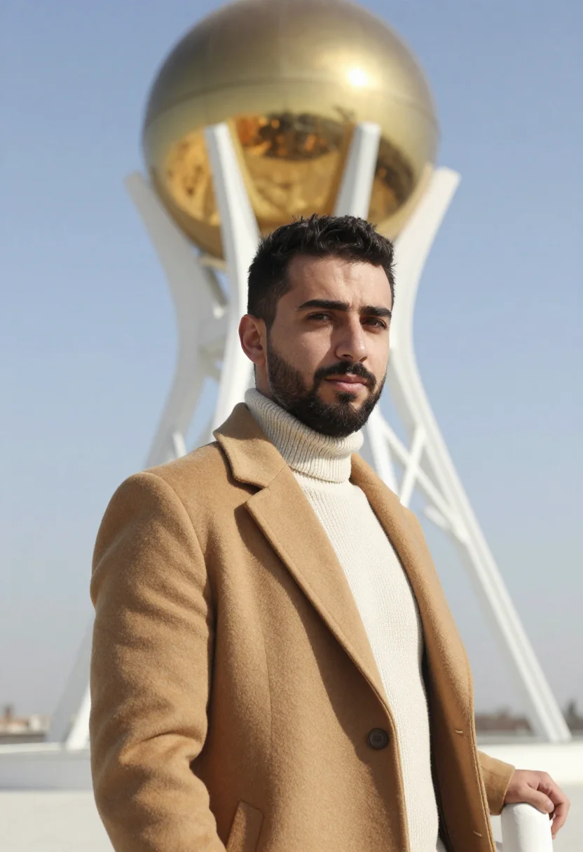 AI astana urban planner gold glass sample — portrait of a man, chest-up portrait of a Turkish man in his