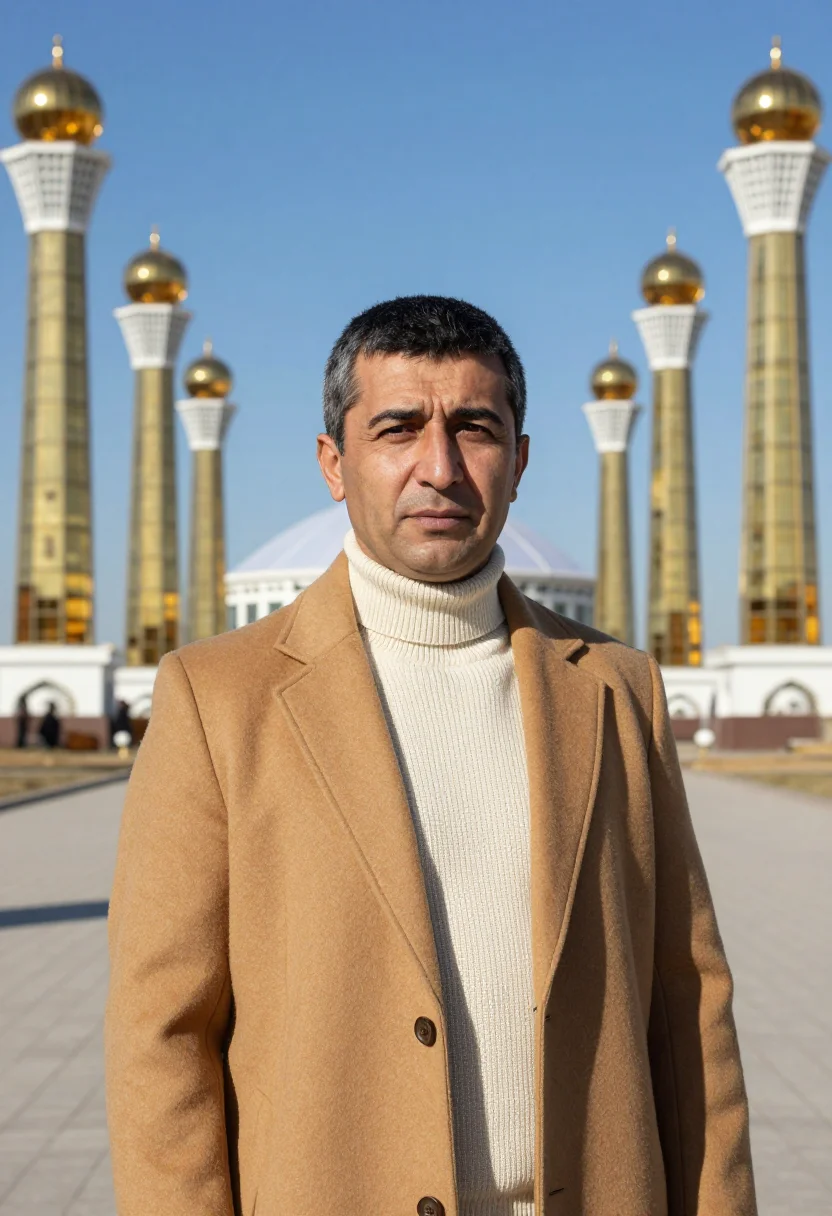 AI astana urban planner gold glass sample — portrait of a man, head-and-shoulders portrait of an Uzbek m