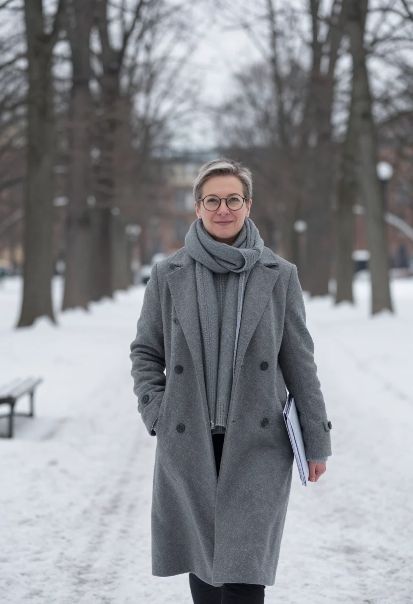 AI astrid lindgren vasastan january grey sample — portrait of a woman, framed three-quarter length from mid-th