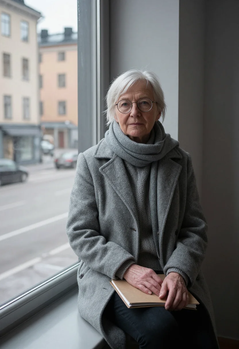 AI astrid lindgren vasastan january grey sample — portrait of a woman, framed half-length from the waist up, t