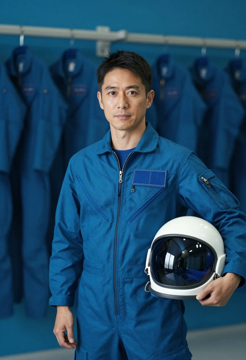 AI astronaut flight suit blue sample — crew portrait of an astronaut, framed half-length from the h