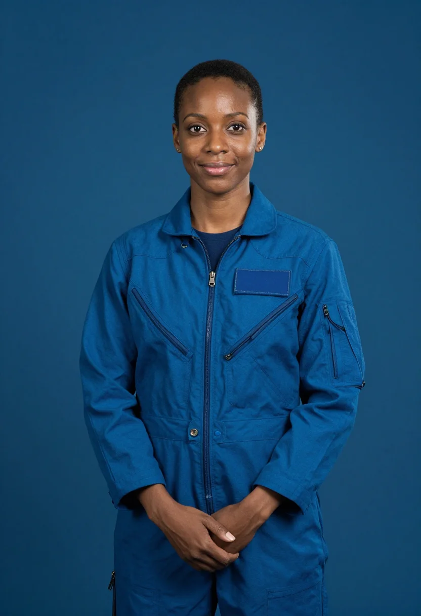 AI astronaut flight suit blue sample — crew portrait of an astronaut, framed half-length from the h