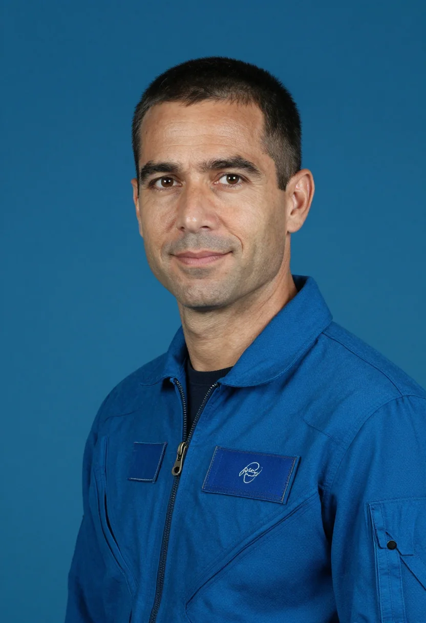 AI astronaut flight suit blue sample — crew portrait of an astronaut, framed chest-up, cropped at t