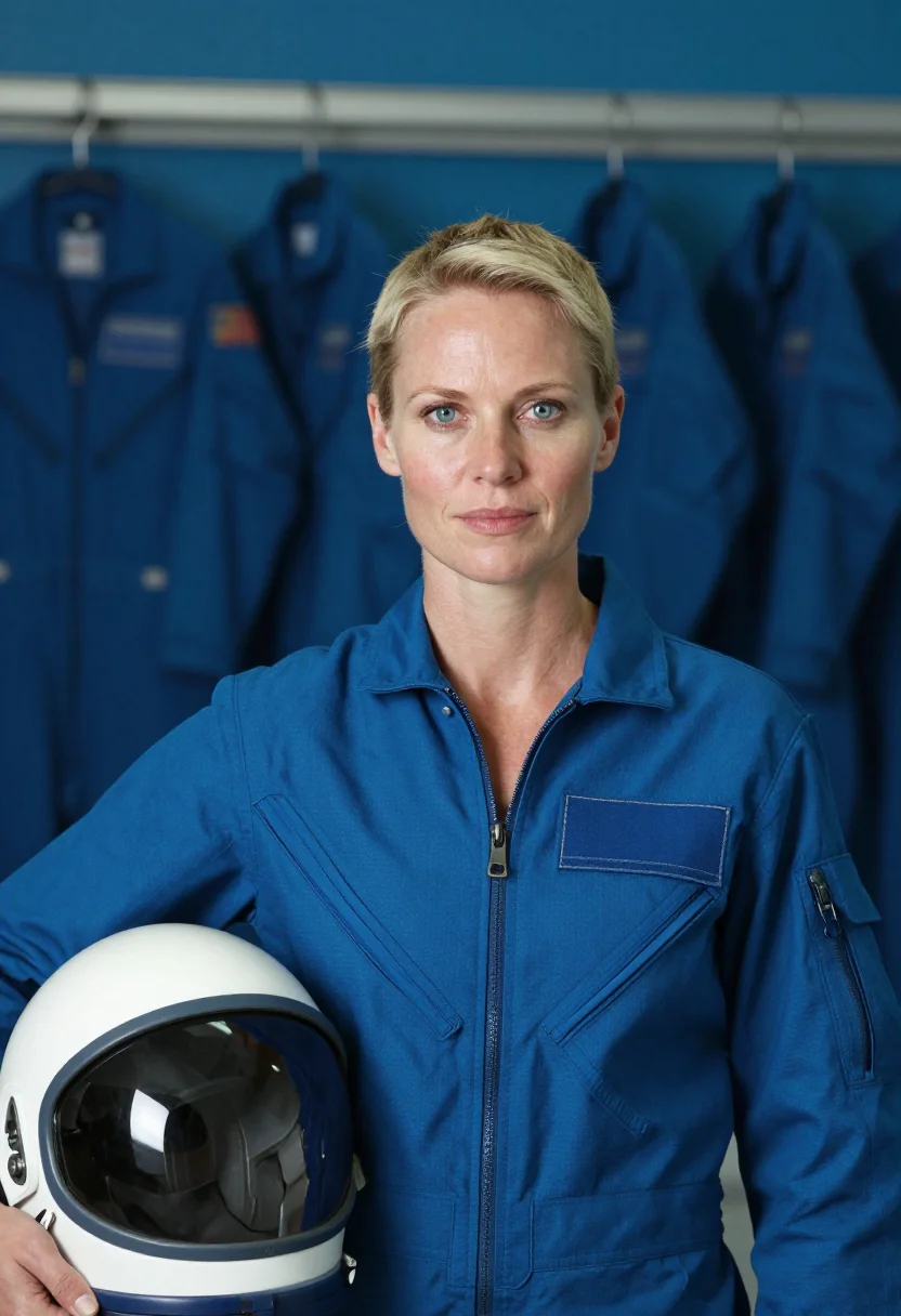 AI astronaut flight suit blue sample — crew portrait of an astronaut, framed chest-up, cropped at t