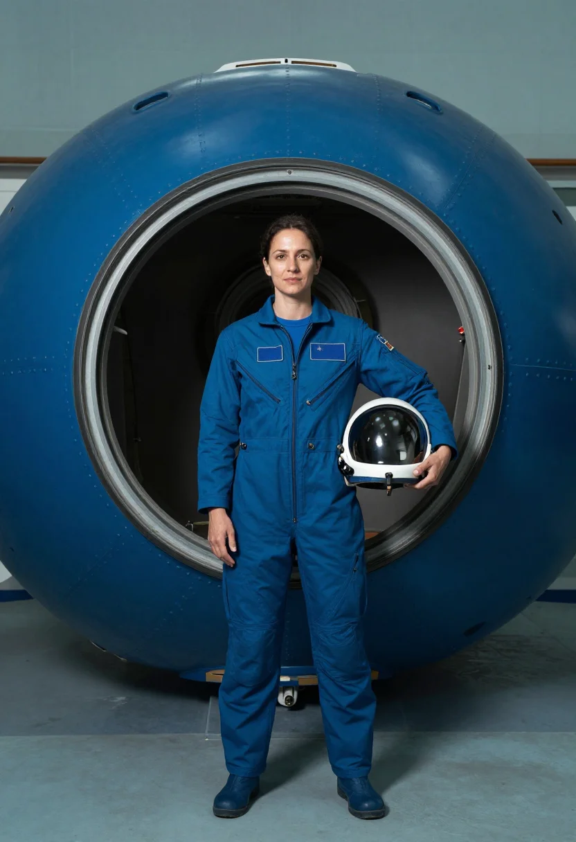AI astronaut flight suit blue sample — crew portrait of an astronaut, framed wide and full-length,