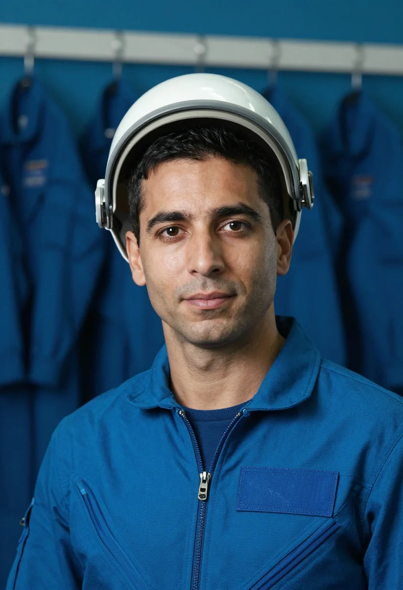 AI astronaut flight suit blue sample — crew portrait of an astronaut, framed tight, head and should