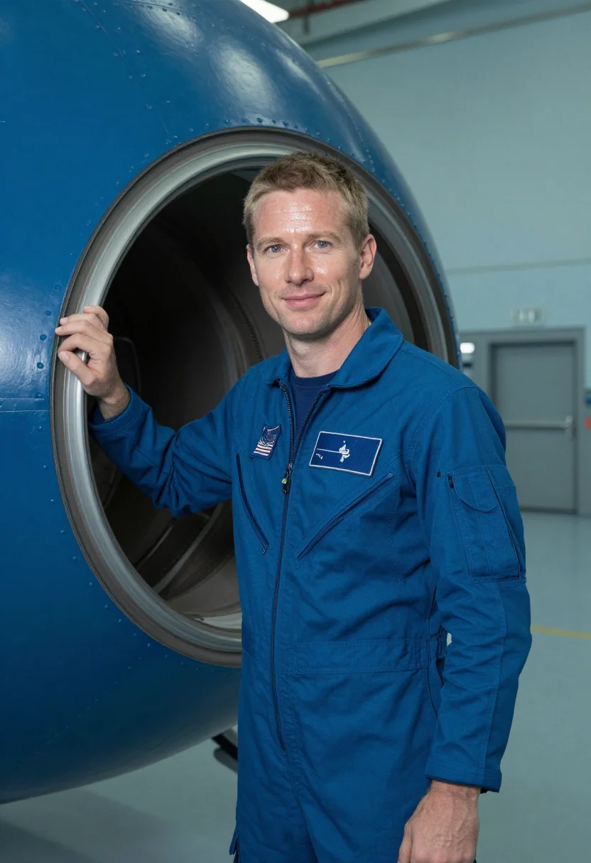 AI astronaut flight suit blue sample — crew portrait of an astronaut, framed chest-up, cropped at t