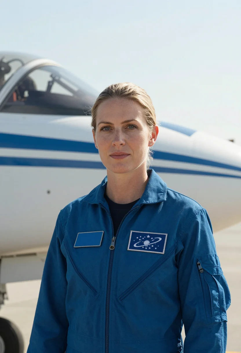 AI astronaut t38 flight suit blue sample — portrait of a woman, chest-up portrait of a woman of Western