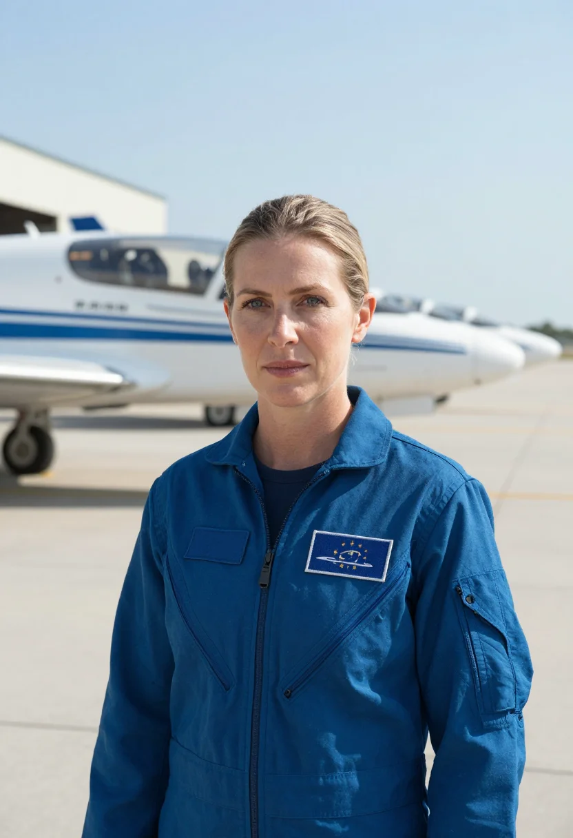 AI astronaut t38 flight suit blue sample — portrait of a woman, head-and-shoulders portrait of a woman