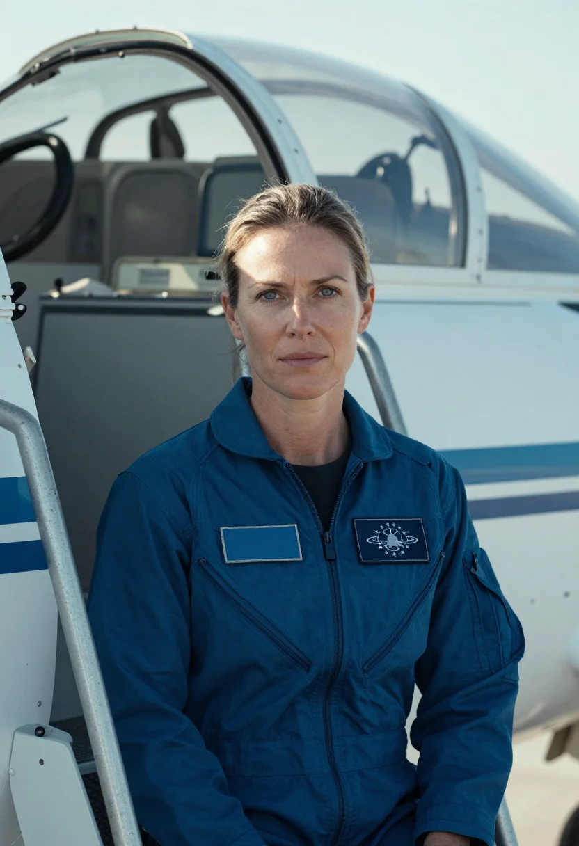 AI astronaut t38 flight suit blue sample — portrait of a woman, head-and-shoulders portrait of a woman
