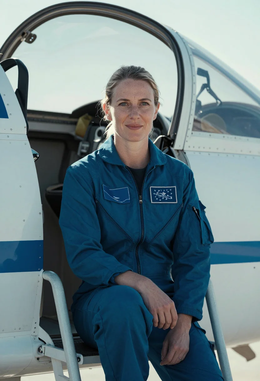 AI astronaut t38 flight suit blue sample — portrait of a woman, chest-up portrait of a woman of Western