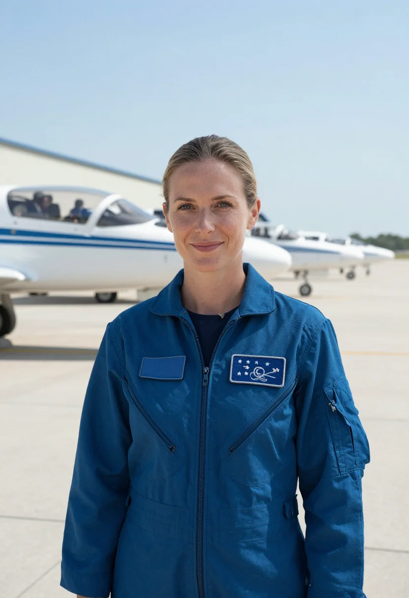 AI astronaut t38 flight suit blue sample — portrait of a woman, chest-up portrait of a woman of Western