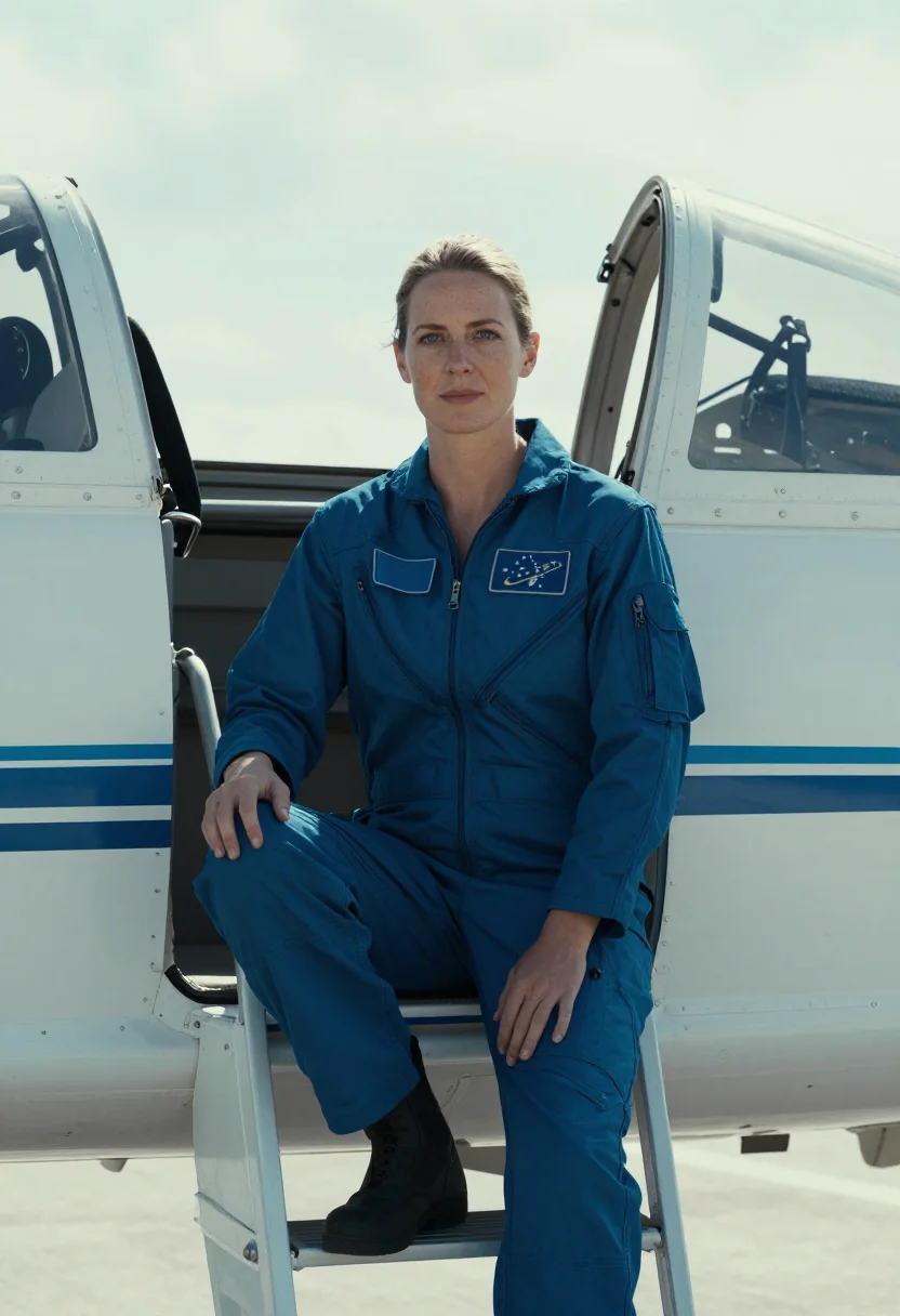 AI astronaut t38 flight suit blue sample — portrait of a woman, half-length portrait of a woman of West