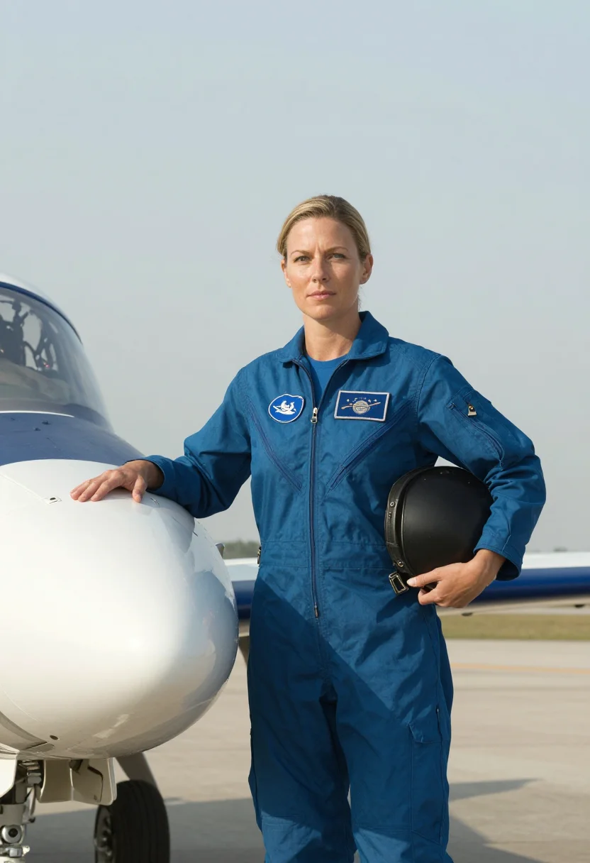 AI astronaut t38 flight suit blue sample — portrait of a woman, half-length portrait of a woman of West