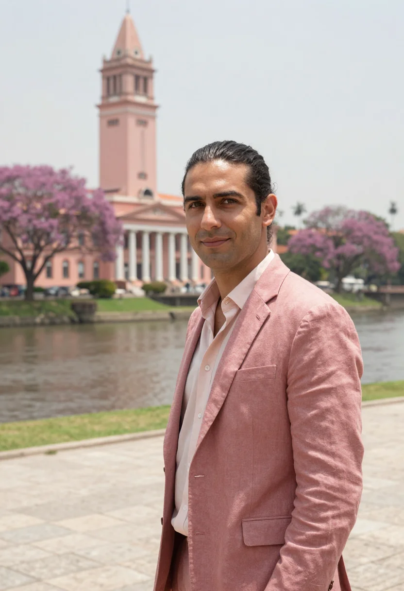 AI asuncion architect pink palace river sample — portrait of a man, an Argentine architect in his early forti