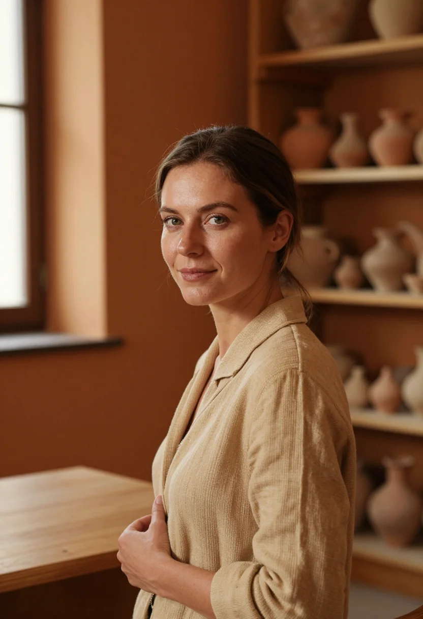 AI athens archaeologist ochre sample — portrait of a woman, chest-up portrait of a German woman in