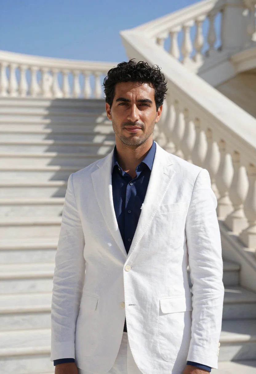 AI athens lawyer neoclassical trilogy marble blue sample — portrait of a man, in his late thirties with tanned olive sk