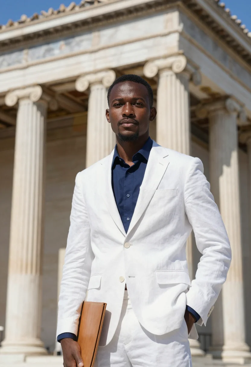AI athens lawyer neoclassical trilogy marble blue sample — portrait of a man, of Ghanaian descent in his thirties with