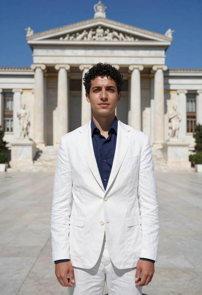 AI athens lawyer neoclassical trilogy marble blue sample — portrait of a man, of Greek descent in his late twenties wit
