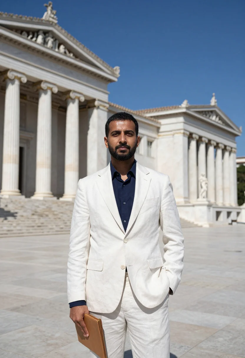 AI athens lawyer neoclassical trilogy marble blue sample — portrait of a man, of Indian descent in his forties with war
