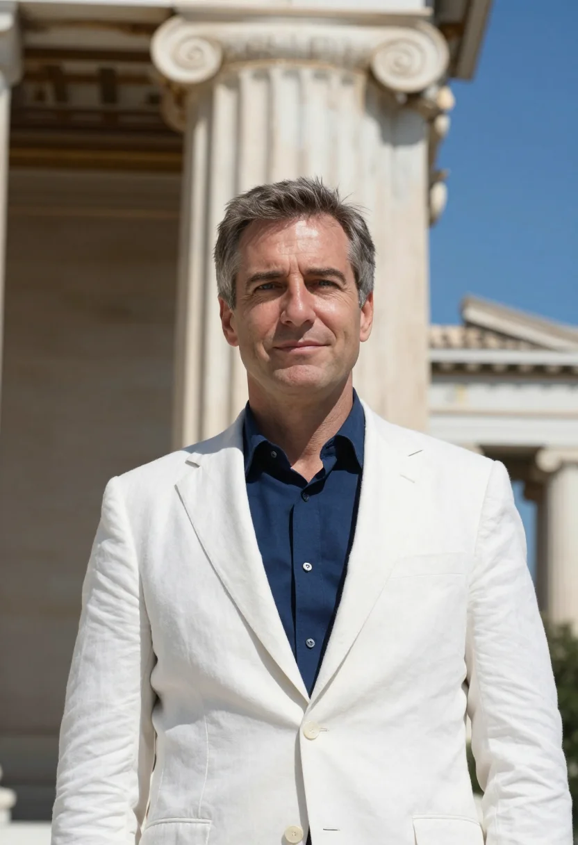 AI athens lawyer neoclassical trilogy marble blue sample — portrait of a man, in his fifties with fair skin, blue eyes,