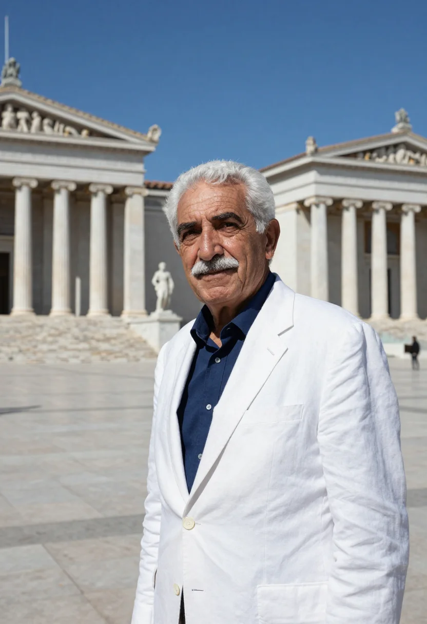 AI athens lawyer neoclassical trilogy marble blue sample — portrait of a man, in his sixties with weathered olive skin,