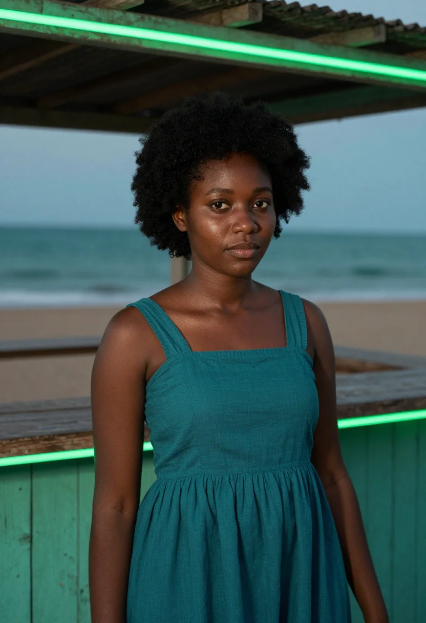 AI atlantics dakar ngor seafoam teal sample — portrait of a woman, a Senegalese woman in her early thirtie