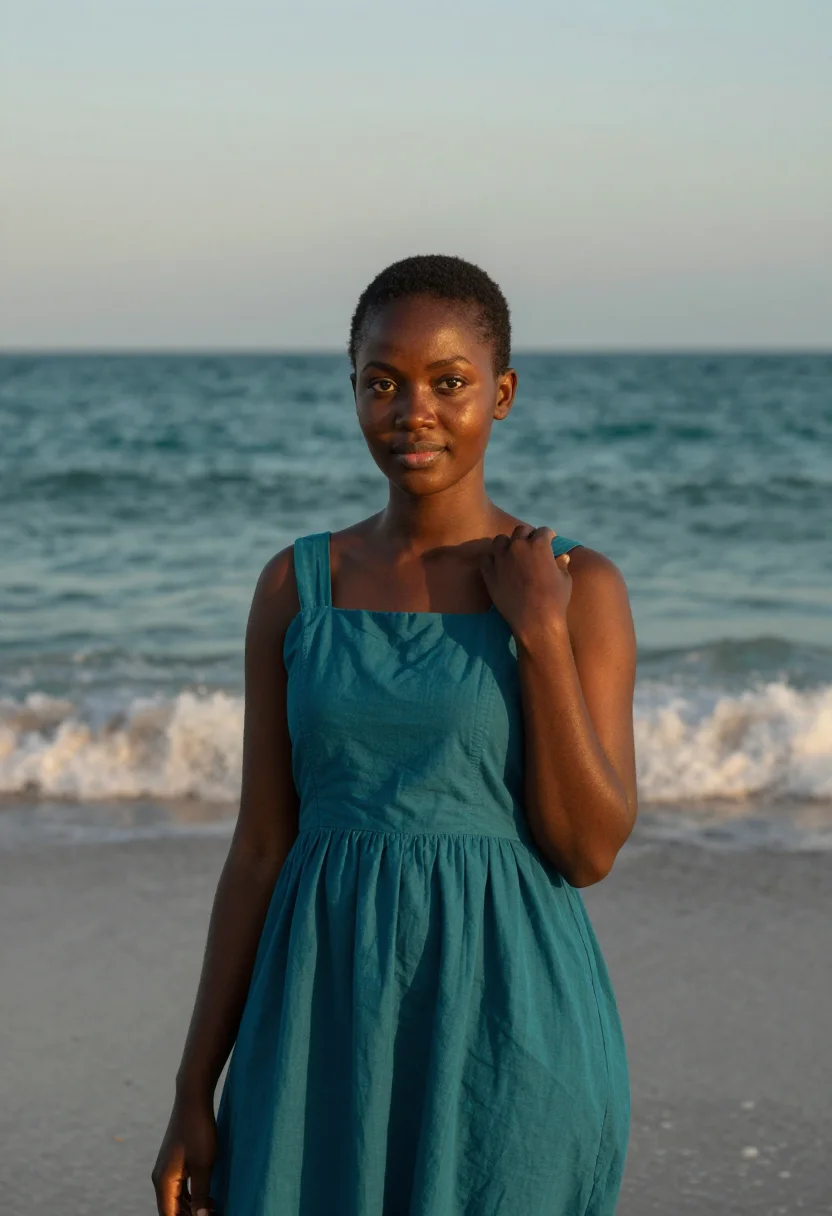 AI atlantics dakar ngor seafoam teal sample — portrait of a woman, a Senegalese woman in her early twentie