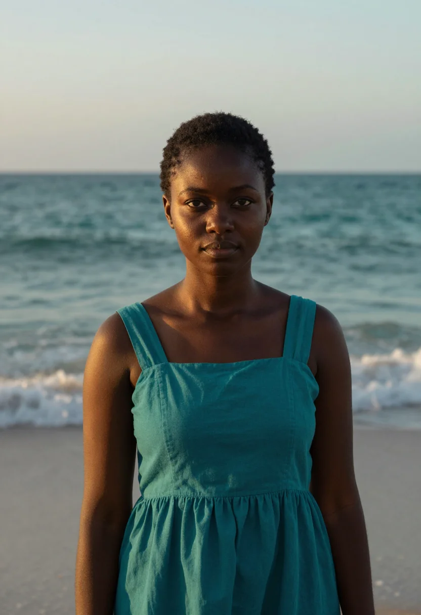 AI atlantics dakar ngor seafoam teal sample — portrait of a woman, a Senegalese woman in her mid-twenties