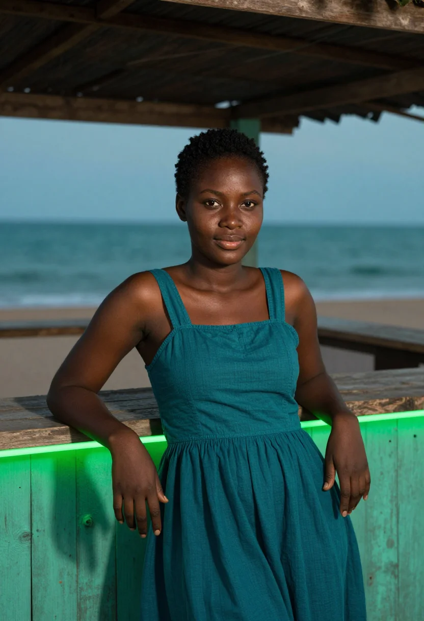 AI atlantics dakar ngor seafoam teal sample — portrait of a woman, a Gambian woman in her mid-twenties wit